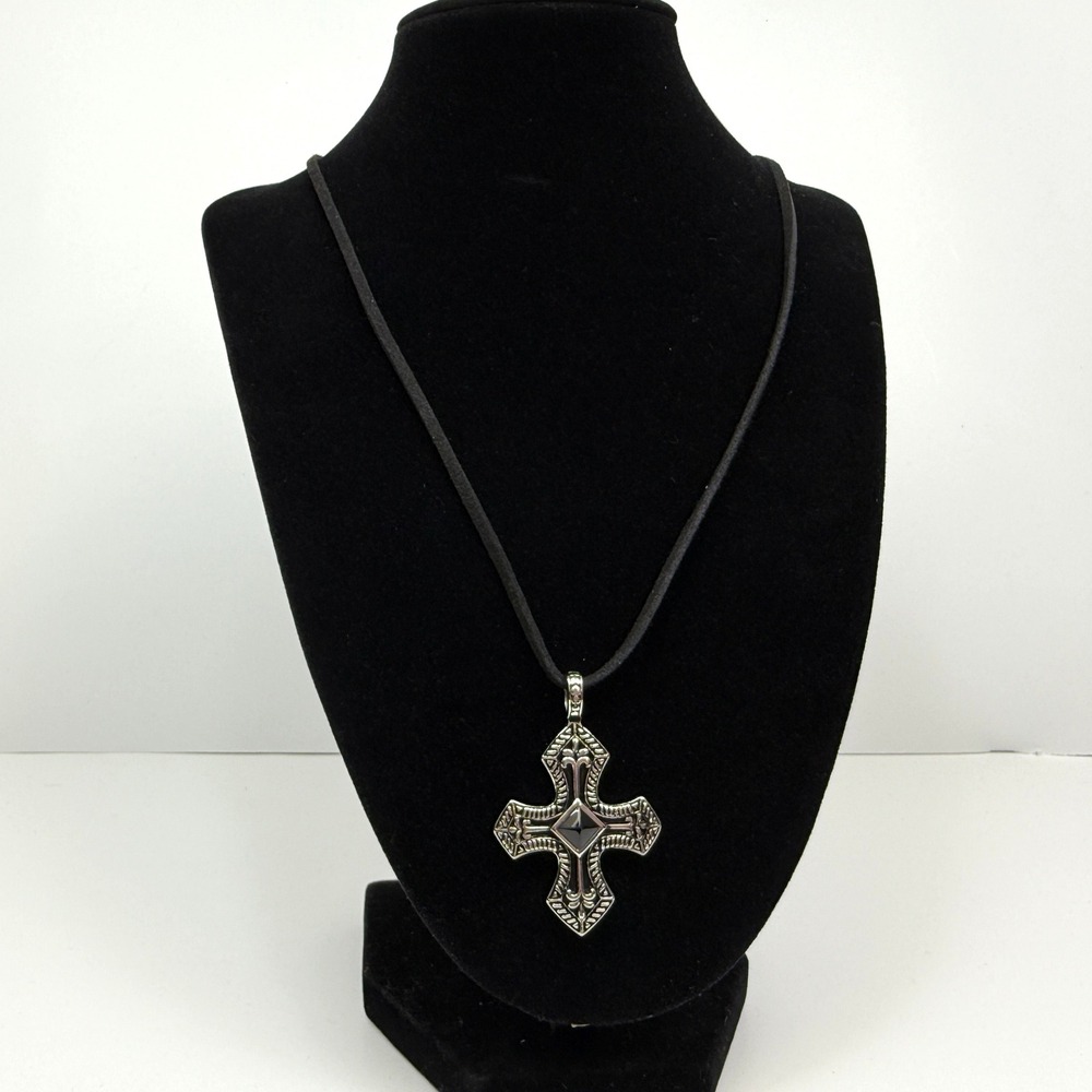 Stainless Steel Black Agate Cross Pendant Necklace Vintage Antique Style Silver